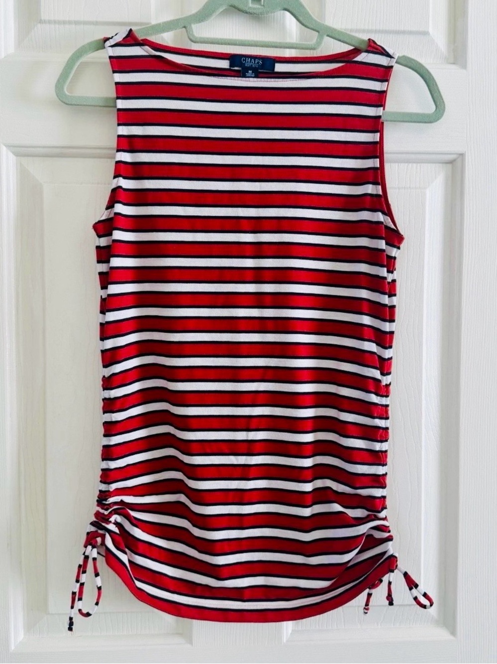 Chaps Red White Black Striped Sleeveless Ruched Drawstring Knit Tank Top M